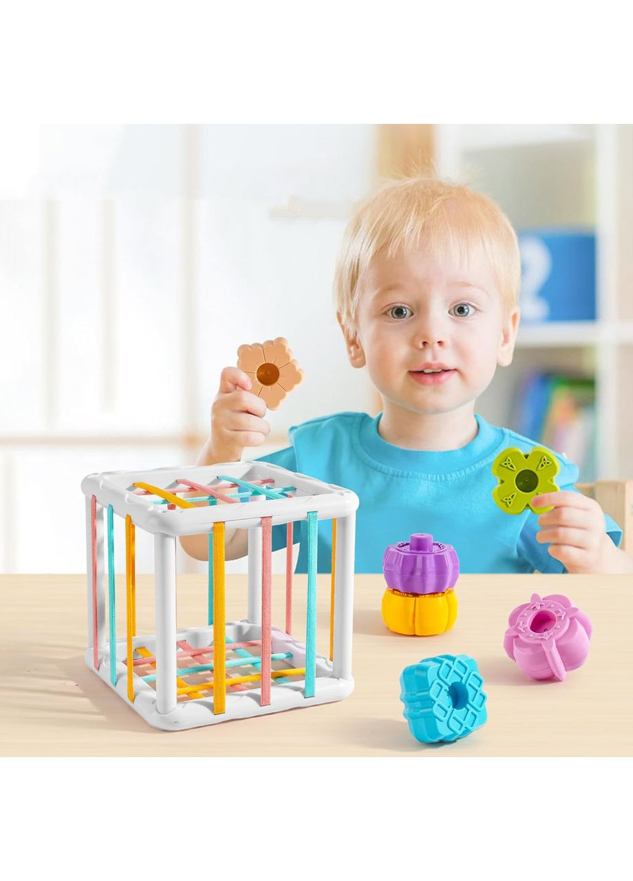 Розвивальний Куб сортер 3-в-1 — вставка, вежа, брязкальце, з фігурками (6 штук) різної форми та текстури No Brand (366303988)