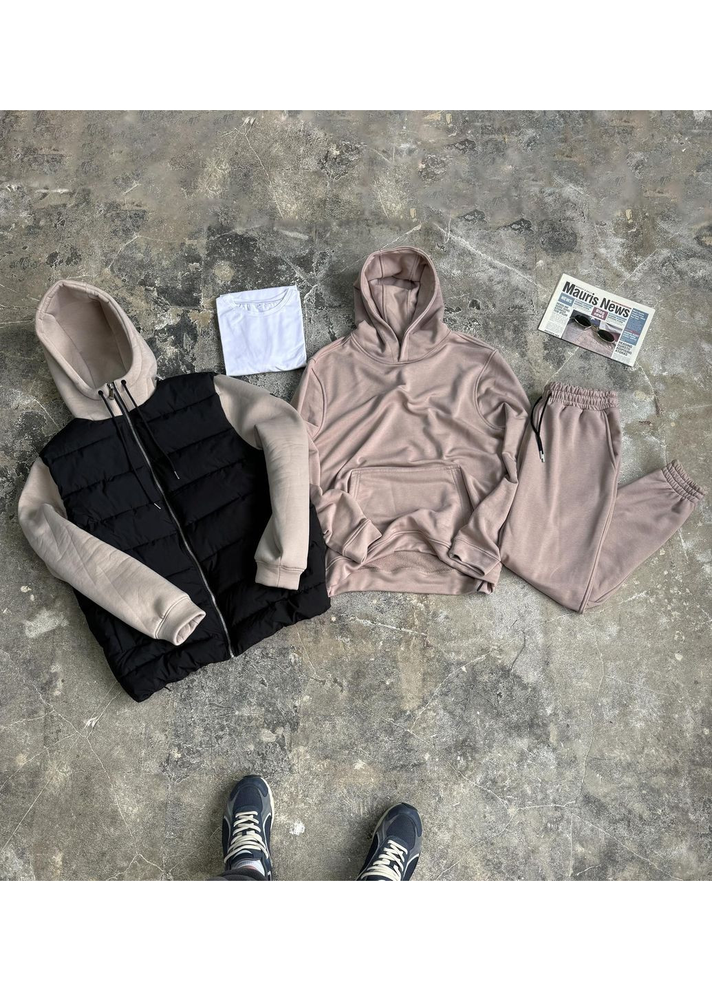 Комплект куртка Infinity чорний/бежевий + костюм бежевий Base ( БІЛА ФУТБОЛКА В ПОДАРУНОК) No Brand (350874351)