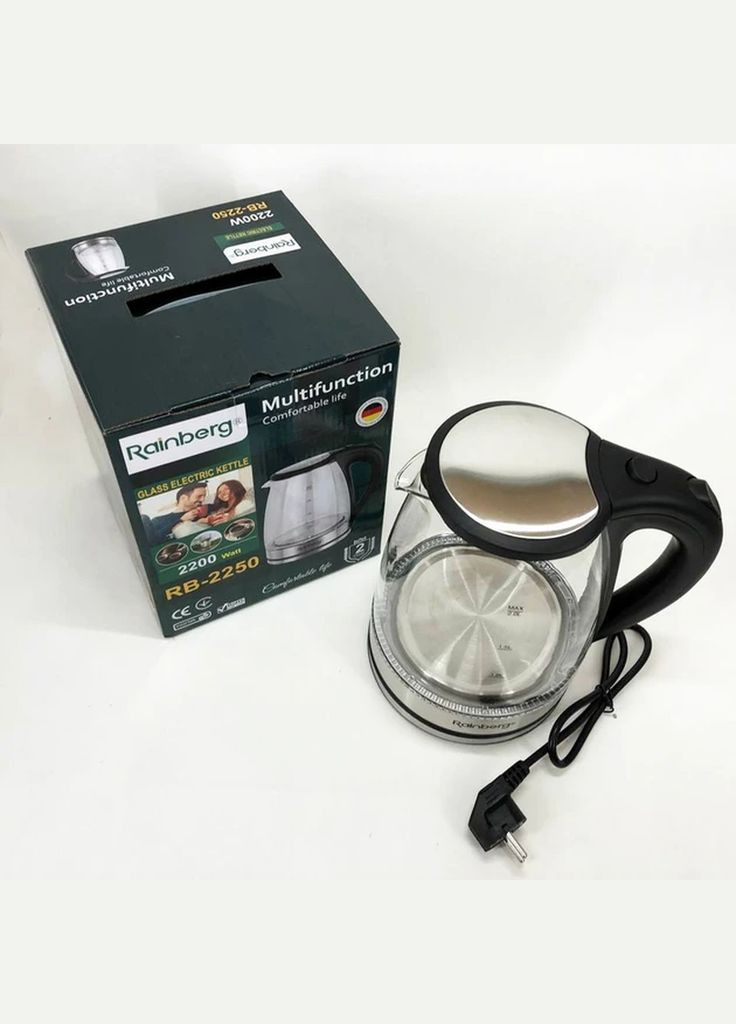 Електричний скляний чайник з LED підсвічуванням 2200 Вт 1.8л Rainberg RB-2250 (300076759)