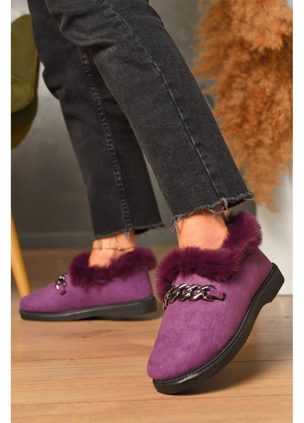 Фиолетовые тапочки женские на меху фиолетового цвета Let's Shop с мехом