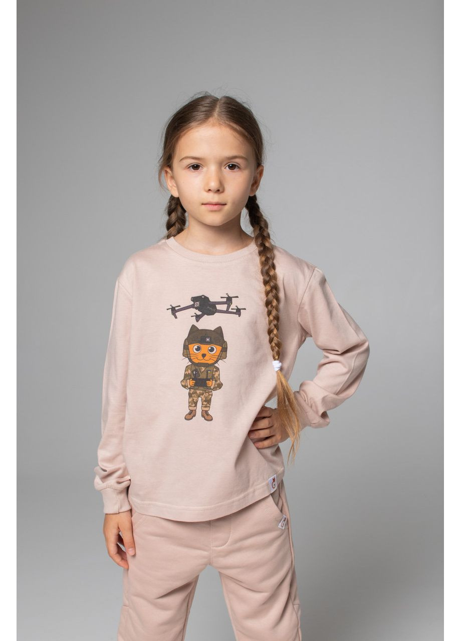 Бежева демісезонна лонгслів патріотичний з принтом котик із дроном мавік для дівчаток Ginger Cat