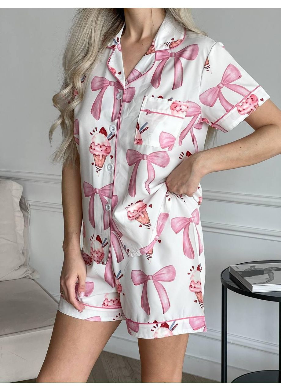 Белая пижама "клубничный десерт" женская софт с рубашкой и шортами / женская пижама "клубничный десерт" ткань софт с коротким рукавом No Brand