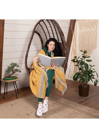 Плед однотонний мериносовий з смужками 4489 140х200 см білий гірчиця сірий Love You (365432386)