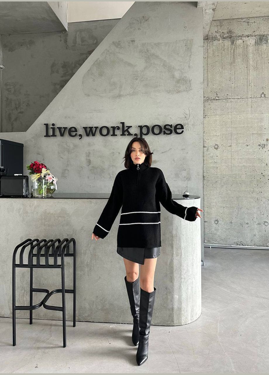 Чорний демісезонний жіночий подовжений светр на блискавці Fashion