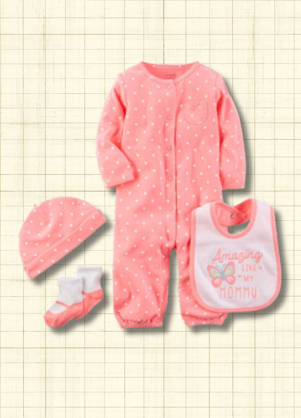 Розовый демисезонный комплект (чоловечек, шапочка, нагрудник, носочки) Carter's