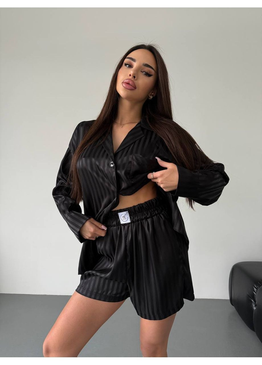 Черная всесезон женская шелковая пижама рубашка + шорты Asi.Store.ua