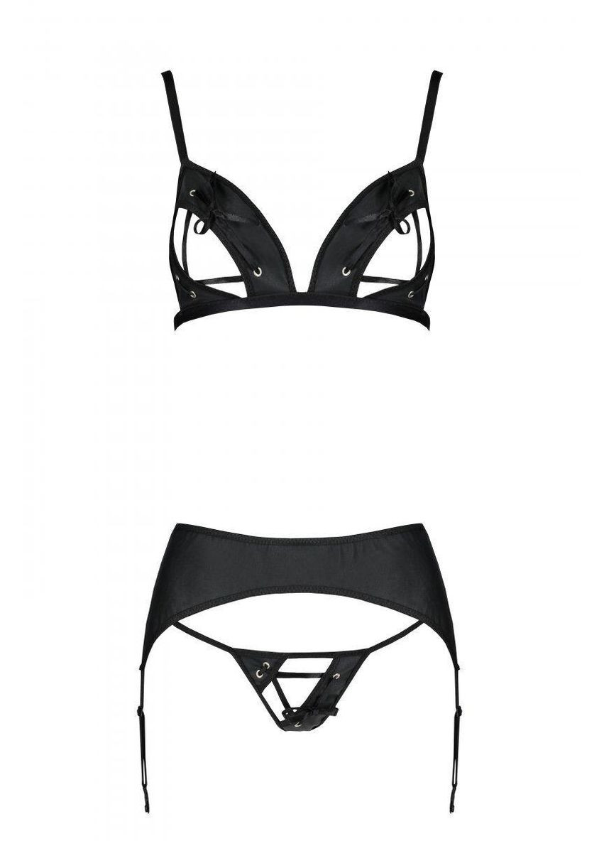 Чорний демісезонний комплект з еко-шкіри miley set black s/m: трусики, бюстгальтер, пояс для панчіх Passion