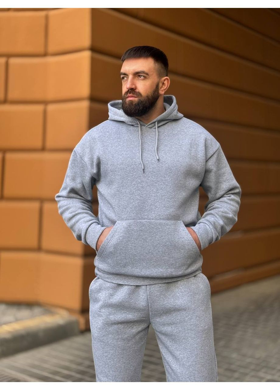 Серый зимний мужской теплый костюм с капюшоном. брючный No Brand