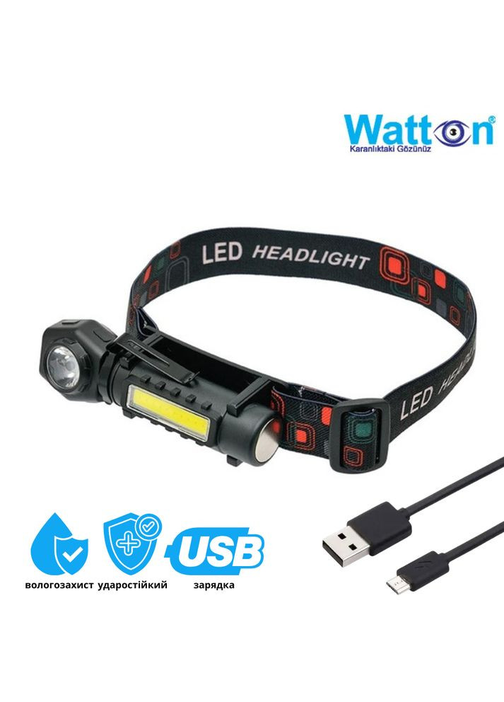 Ліхтарик LED налобний акумуляторний з USB зарядкою WT - 621 ударостійкий з налобним ремінцем, кліпсою і магнітом Watton (369802707)