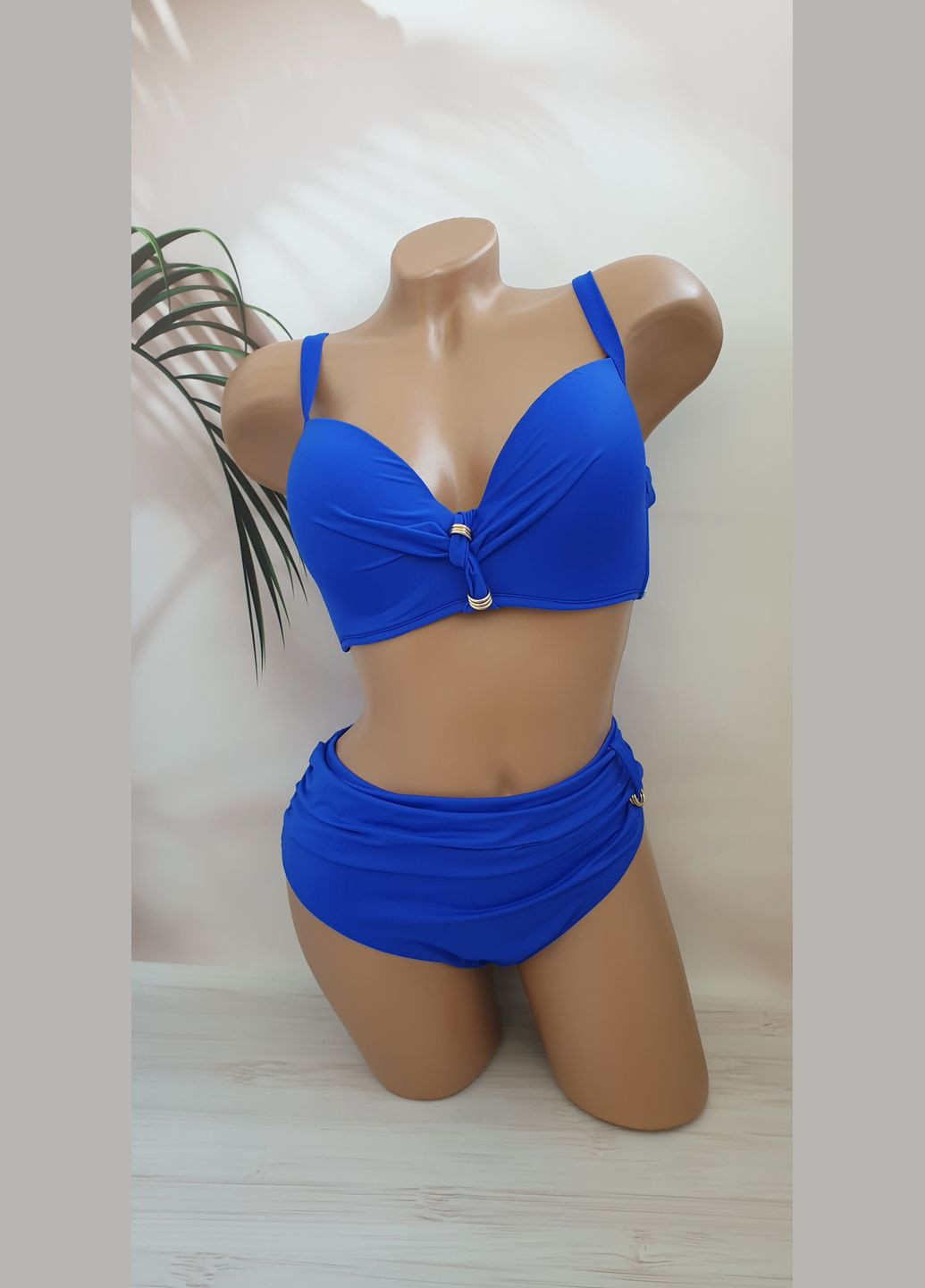 Синий летний женский купальник с высокой талией раздельный No Brand