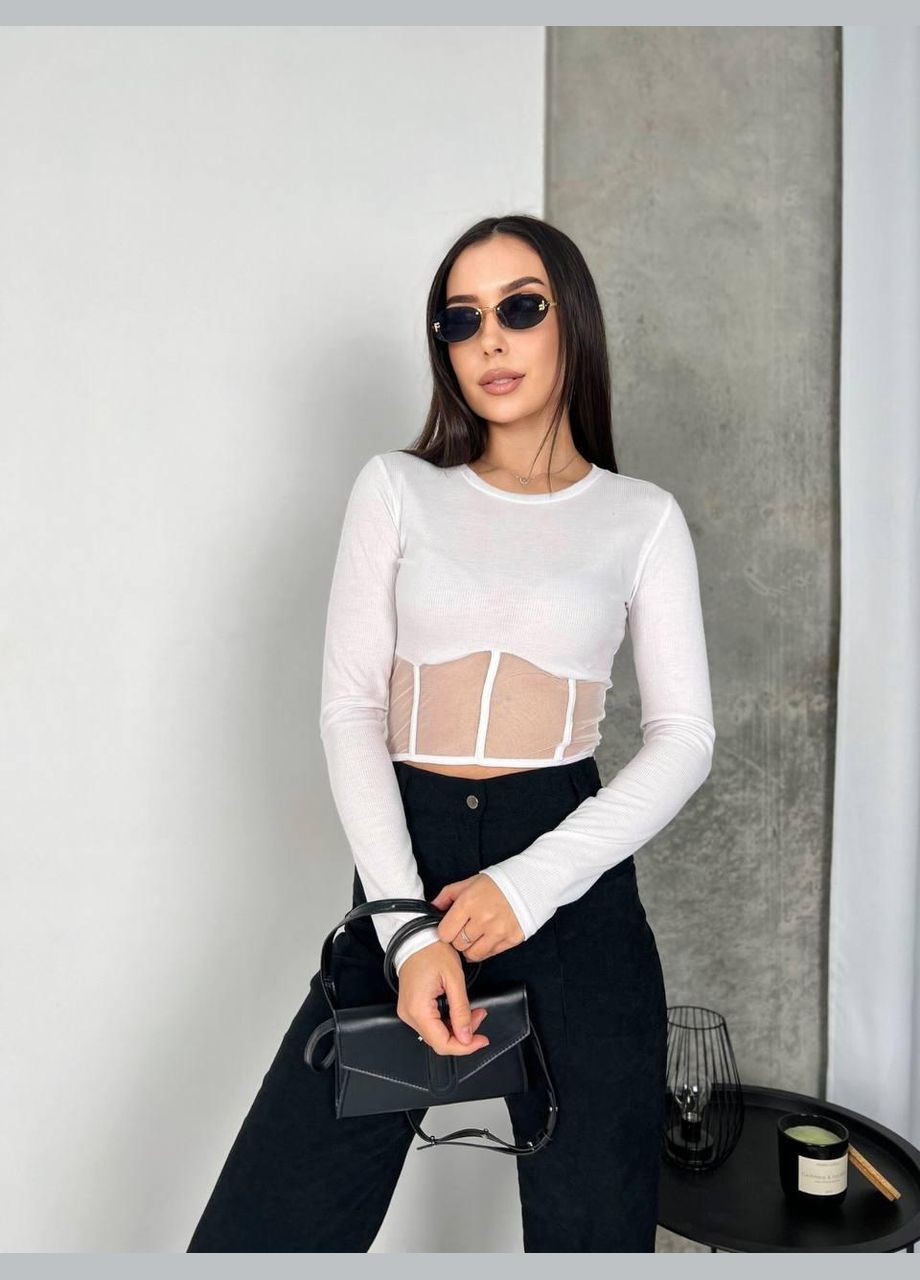 Лонгслів жіночій - кофточка у рубчик з імітацією корсета із сітки JUGO (301580419)