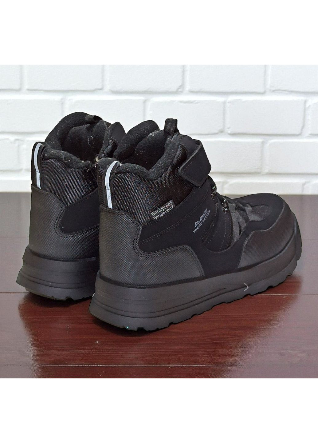 Черные спортивные, повседневные, кэжуал зимние зимние термоботинки дутики для мальчика подростка на овчине хайтопы на липучке Biki