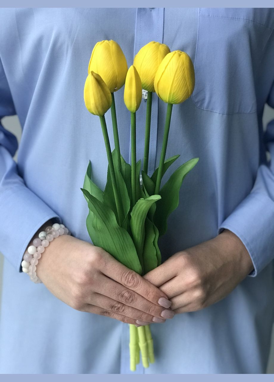 Тюльпани штучні латексні жовті, букет із 5 бутонів Real Touch, для декору, подарунок HVOYA (323654291)