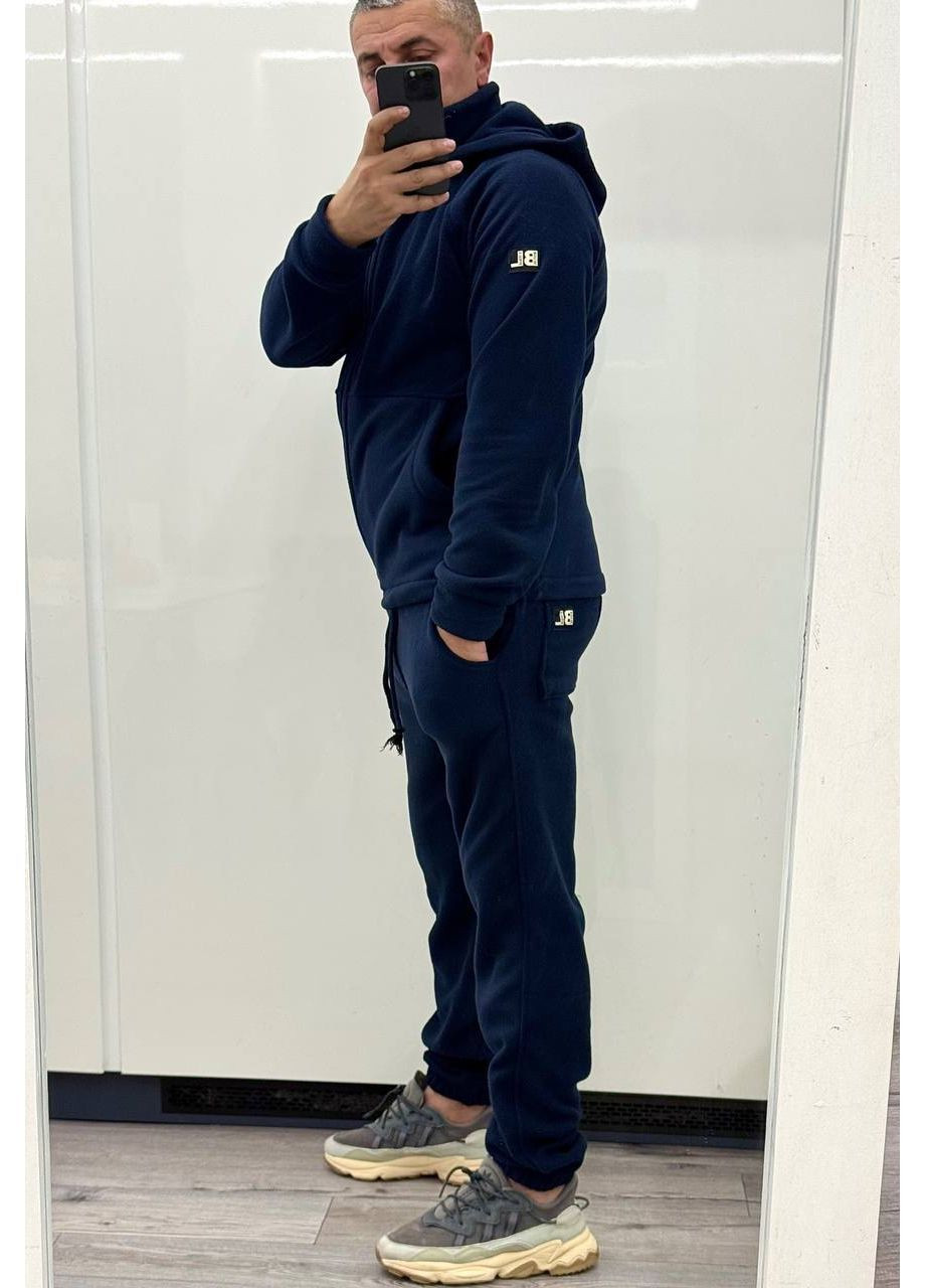 Синий зимний костюм 7003 турецкий полар флис, плотность 300, очень теплый, кофта с капюшоном на молнии и брюки Україна