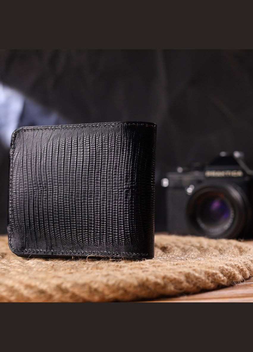 Гаманець чоловічий шкіряний з тисненням на кнопці з відділенням для карт чорний (sku_21575) No Brand (327819552)