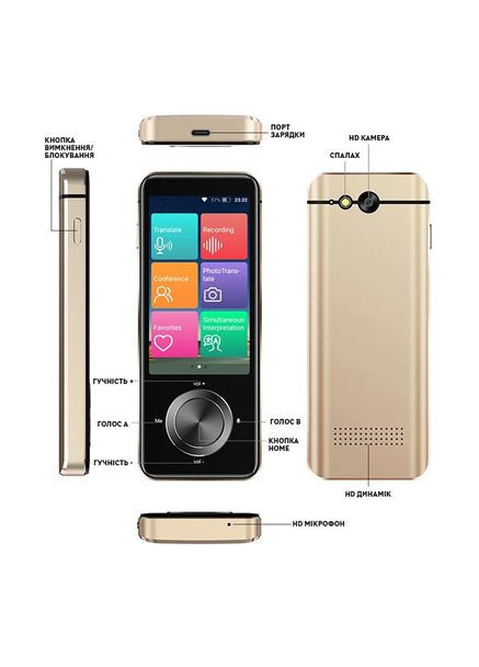Портативний перекладач M9 WI-FI 1500мАг, 1/8GB, 5Мп, Gold перекладає з 137 мов, та 16 без інтернету HongTop (324420440)