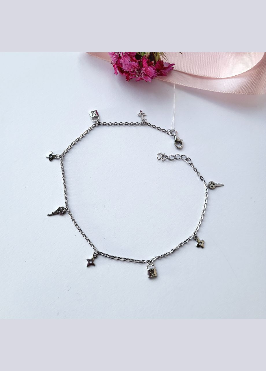 Срібний Браслет на ногу з підвісками без каменів 24 — 26 см срібло 925 проби Родоване 22387нр 3.80г Nobrand (363969309)