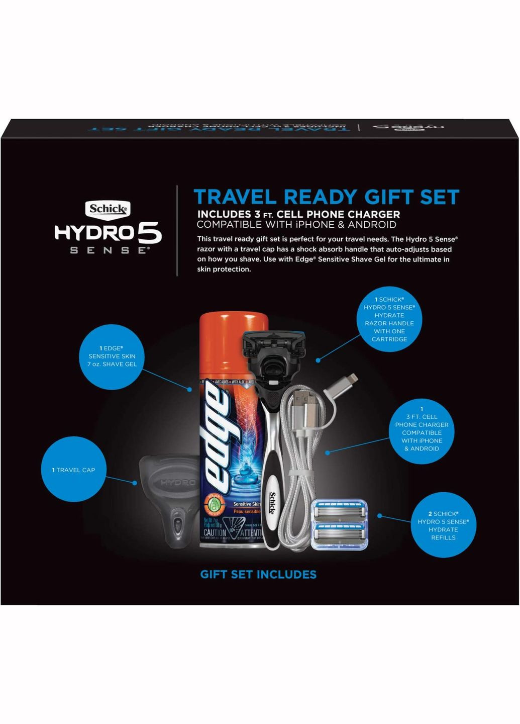 Подарочный набор для бритья Hydro 5 Sense Hydrate с кабелем для зарядки телефона Schick (278773469)