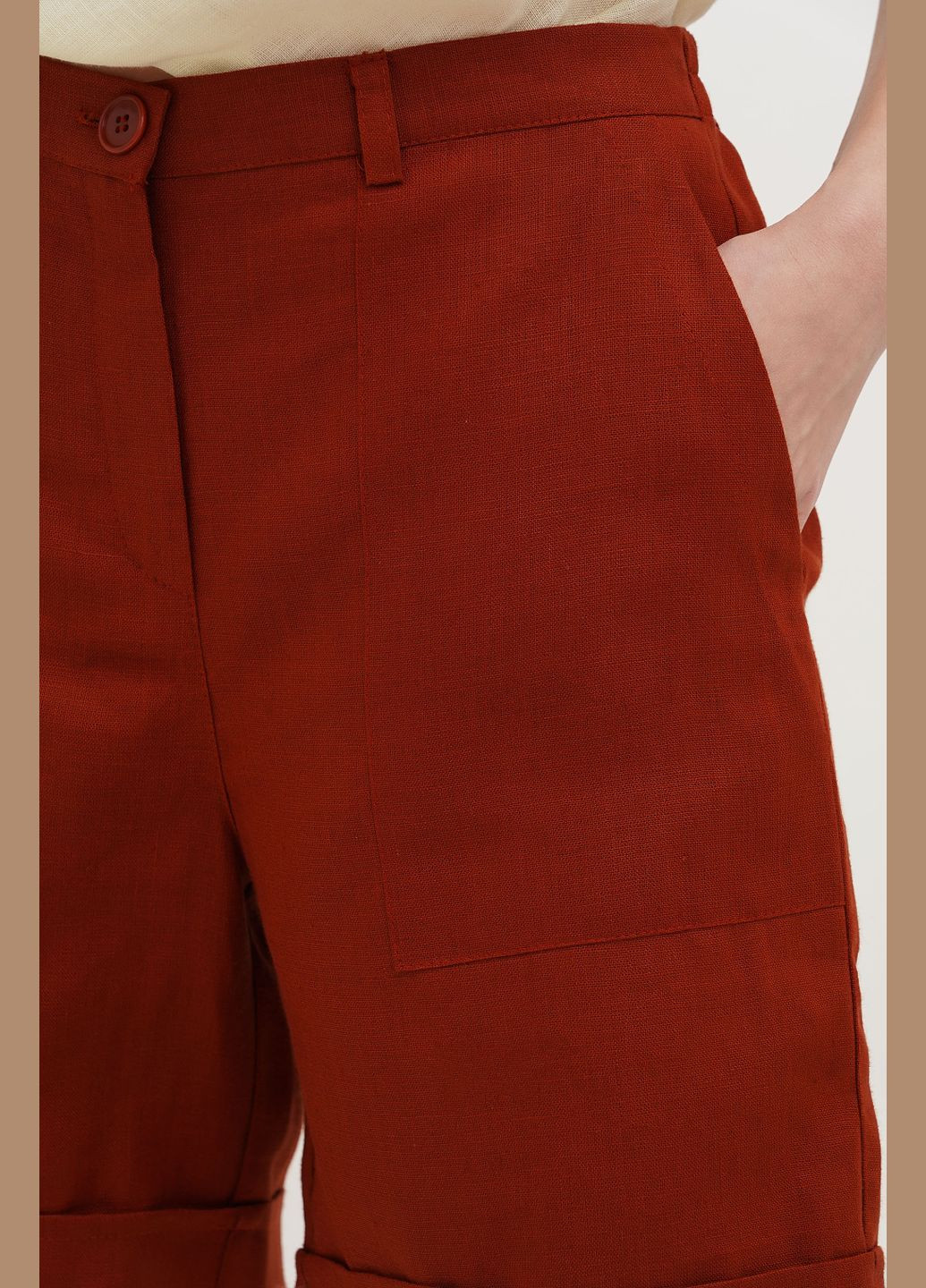 Лляні шорти на резинці та блискавці, висока посадка, великі кишені, Сахара., р., код 8433/54/779 ГАЛЕРЕЯ ЛЬОНУ (333164818)