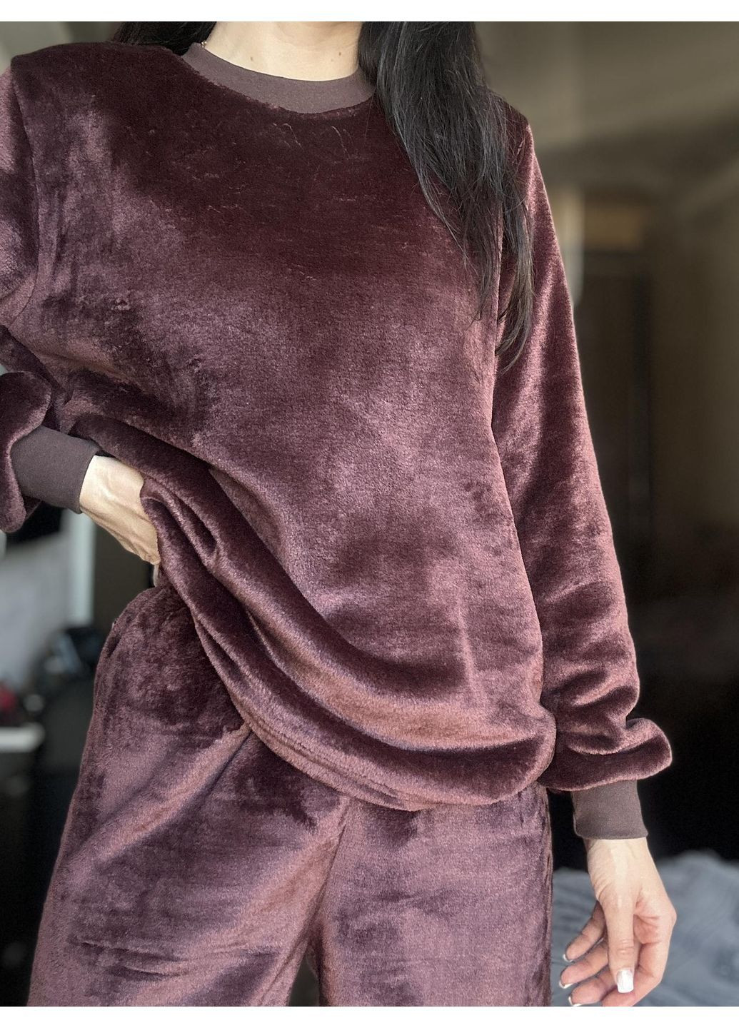 Темно-коричнева всесезон тепла жіноча піжама з велсофту світшот + брюки Vakko