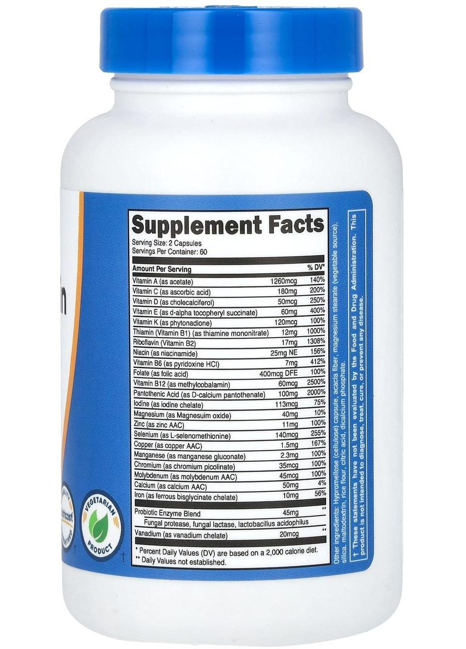 Мультивітаміни 120 капсул, пробіотики + 22 вітаміни та мікроелементи. Nutricost (373654351)