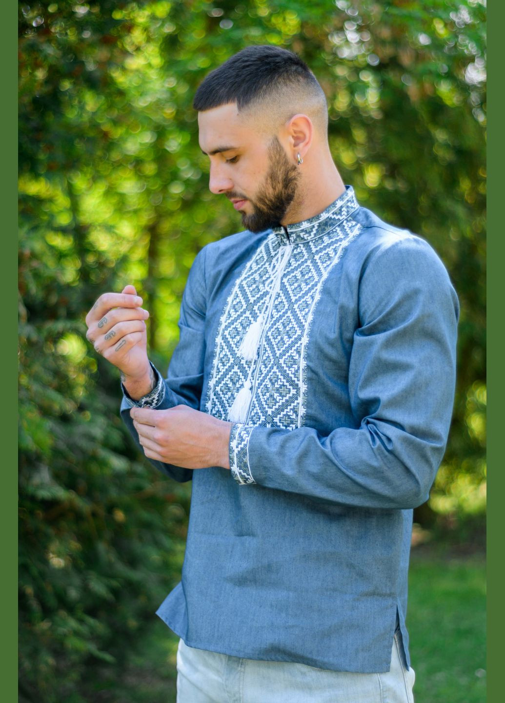 Синя вишиванка чоловіча Vyshyvanka візерунок геометричний пряма (317243505)