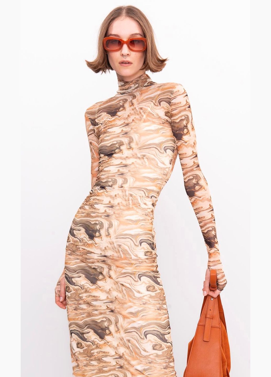 Комбінована сукня сітка коричнева з принтом btg-0087 BSL