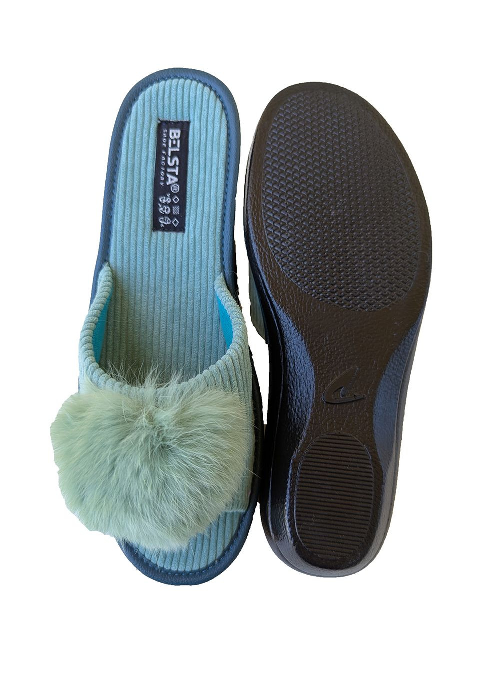 Зеленые тапочки женские с пушком открытые Белста с помпонами