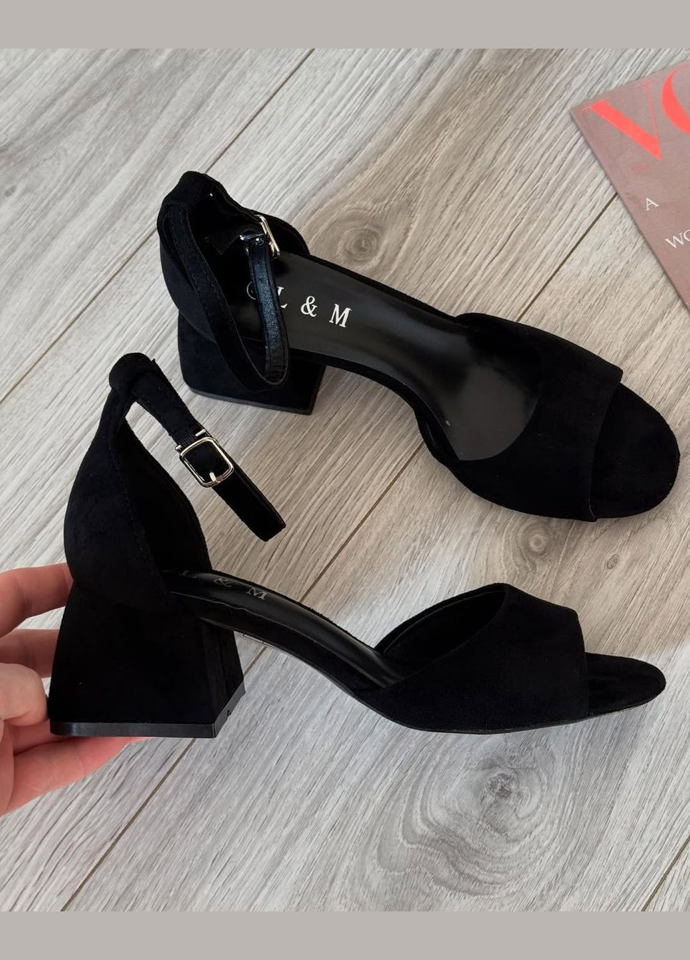 Черные черные босоножки на каблуке, босоножки на среднем каблуке L&M с ремешком