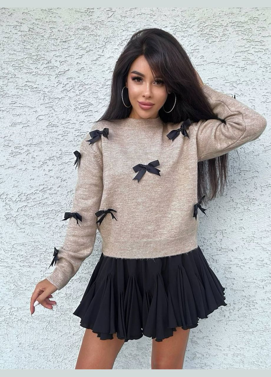 Бежевый демисезонный стильный укороченный свитер бантик Vakko