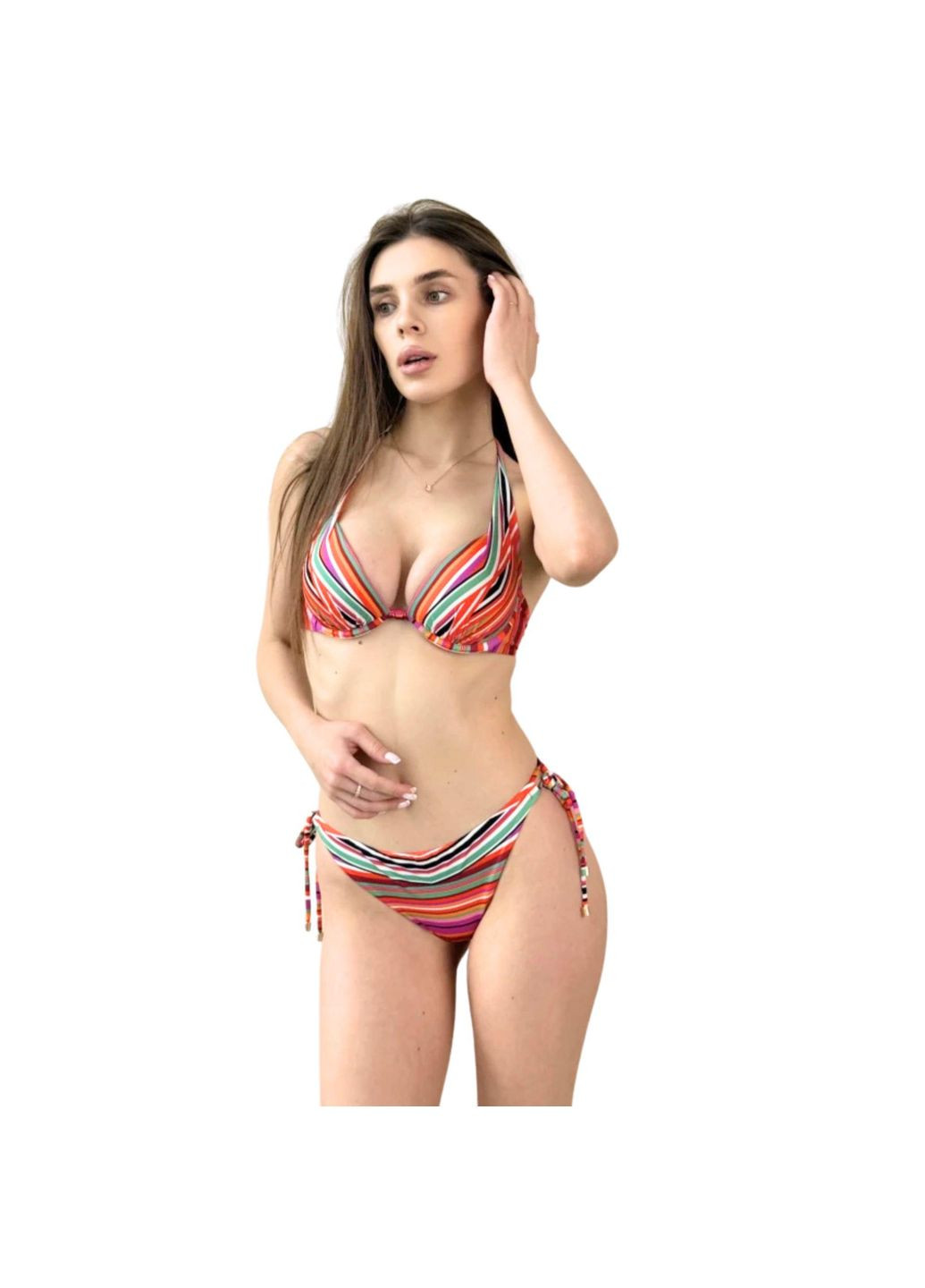 Оранжевый купальник раздельный с формованной чашкой встроенный «push-up» и плавками на завязках разноцветный rianna ps-011 Toccata