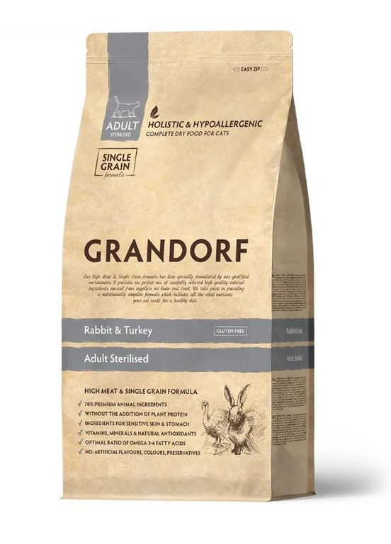 Сухий корм для стерилізованих кішок RABBIT & TURKEY STERILISED кролик з індичкою, 2 кг Grandorf (306442398)