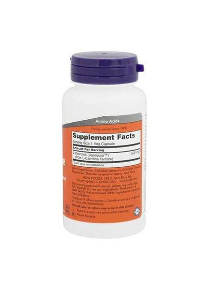 NOW LКАРНИТИН 500мг, 60 капсулы Now Foods (296785431)