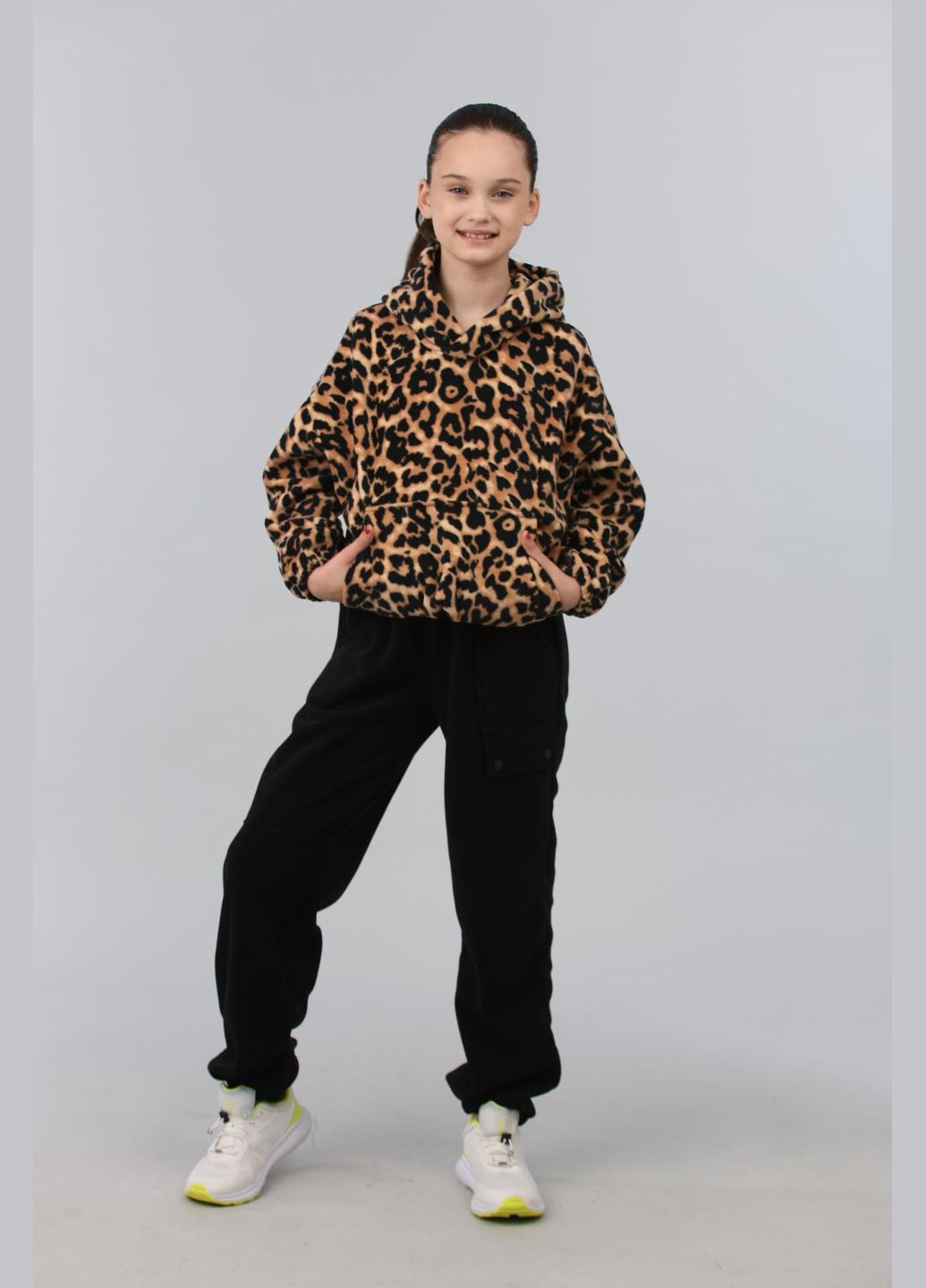 Коричневый демисезонный костюм (штаны, худи) подростковый леопардовый брючный IRmAS оверсайз