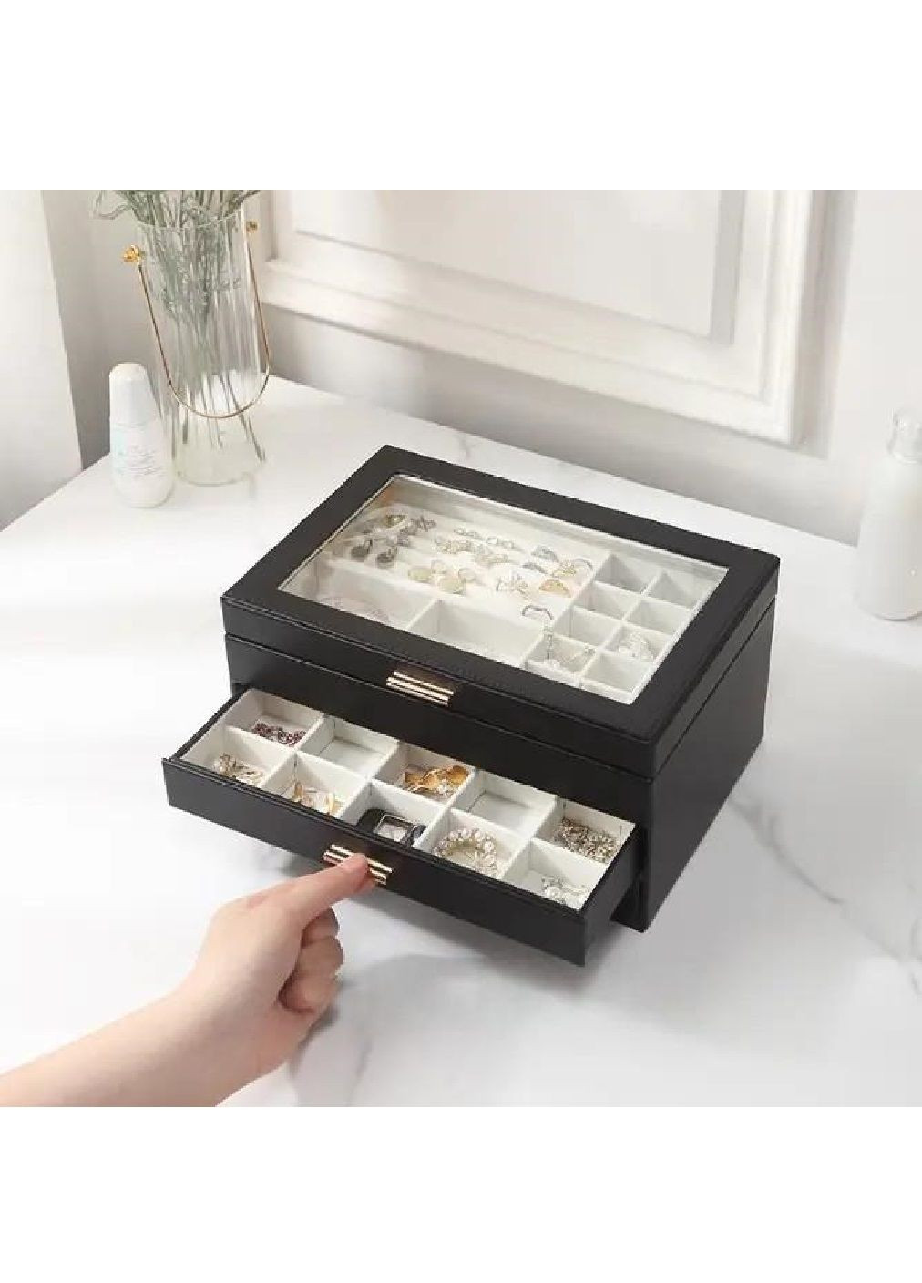 Шкатулка футляр ящик короб бокс органайзер для украшений драгоценностей с прозрачной крышкой 27х13х18 см (476882-Prob) Черная Unbranded (292251810)
