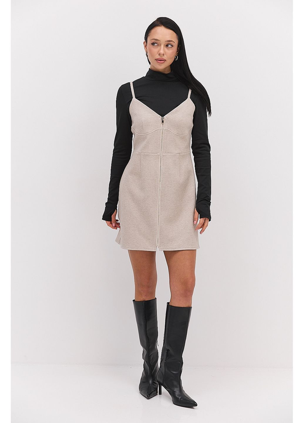 Бежевое женский теплый сарафан на молнии серый меланж Arjen