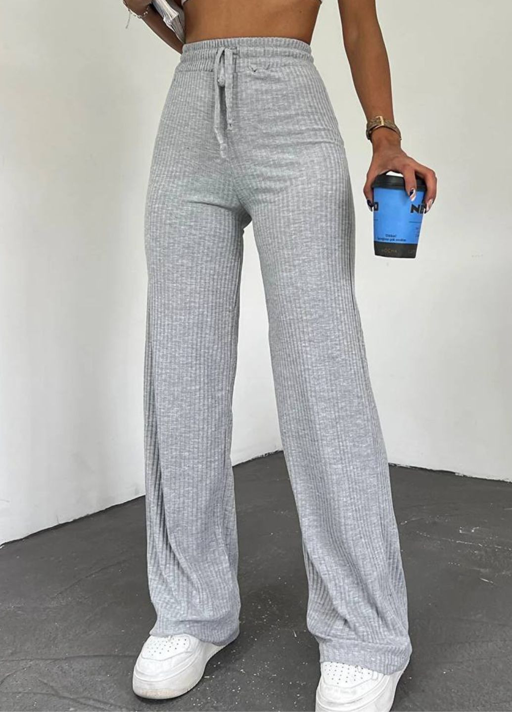 Базові повсякденні штани палаццо в рубчик високої посадки Україна (328558936)