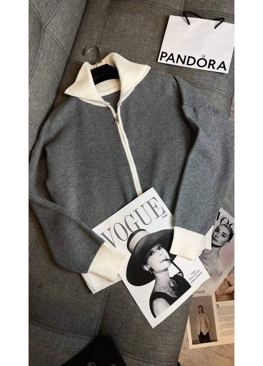 Серый демисезонный женский джемпер оверсайз на молнии с воротником поло джемпер MonCher