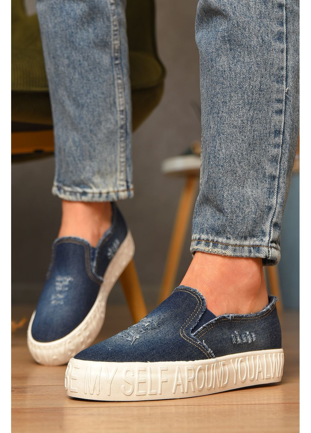 Синие мокасины женские джинсовые синего цвета Let's Shop