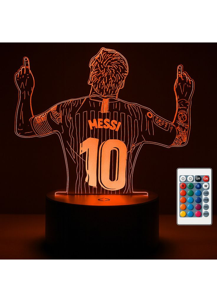 3D светодиодный ночник для комнаты Messi Football player, 16 сменных режимов + пульт управления, основа черная 3DTOYSLAMP (365721641)