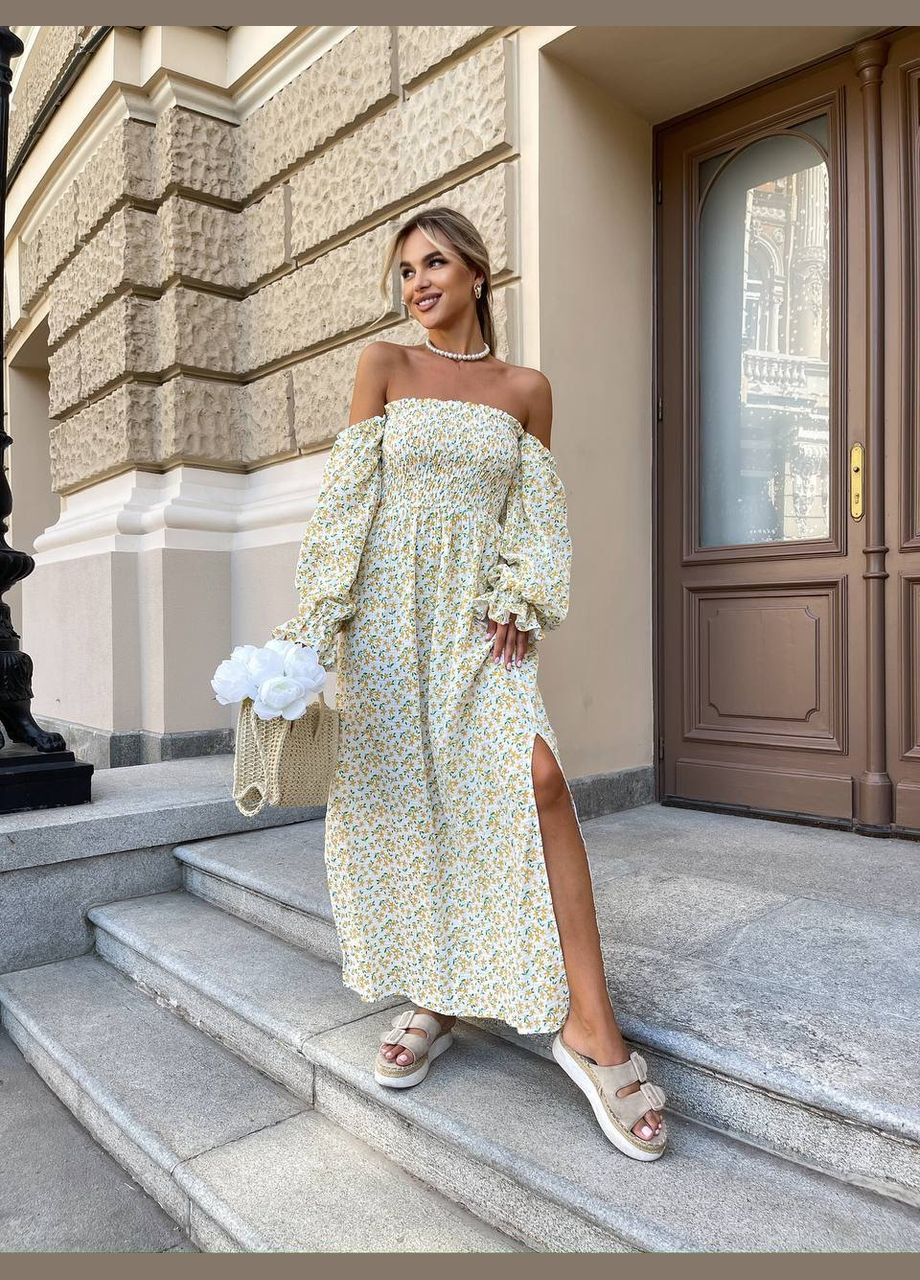 Жовтий повсякденний жіноча максі сукня з розрізом у квітку з відкритими плечима Style Point з квітковим принтом