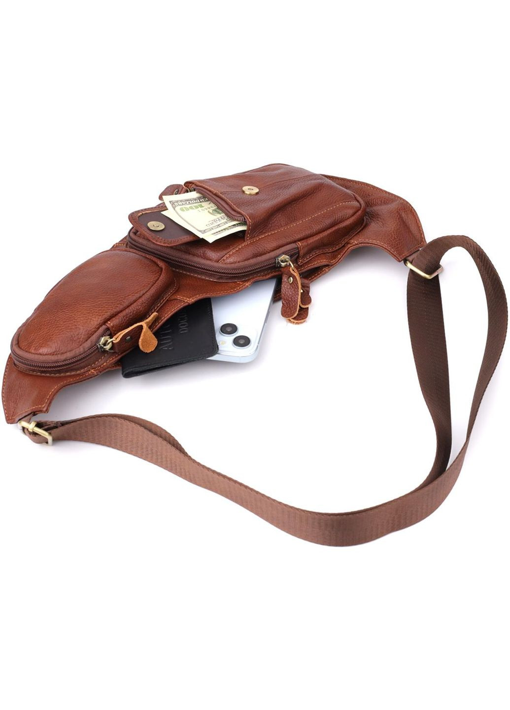 Сумка слінг через плече чоловіча шкіряна для телефону та для документів велика Коричневий 39021 Vintage (351403584)