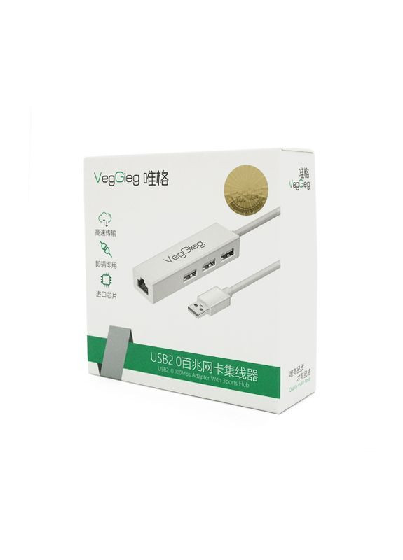 Контроллер USB 2.0 к Ethernet - Сетевой адаптер 100/1000Mbps RTL-8152B + FE2.2S + 3 порта USB2.0, White, Blister-Box VEGGIEG (365751837)