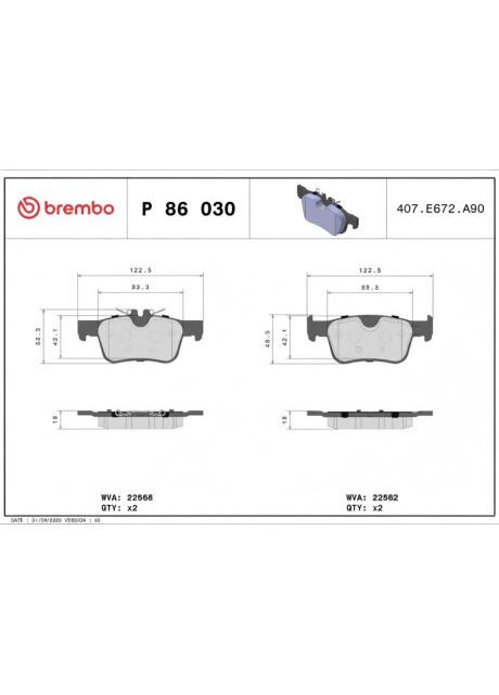 Колодки тормозные дисковые (комплект 4 шт) ЗАДН VOLVO ASIA S60 12/19-,VOLVO ASIA S90 12/16-,VOLVO ASIA X P86030 Brembo (364834705)
