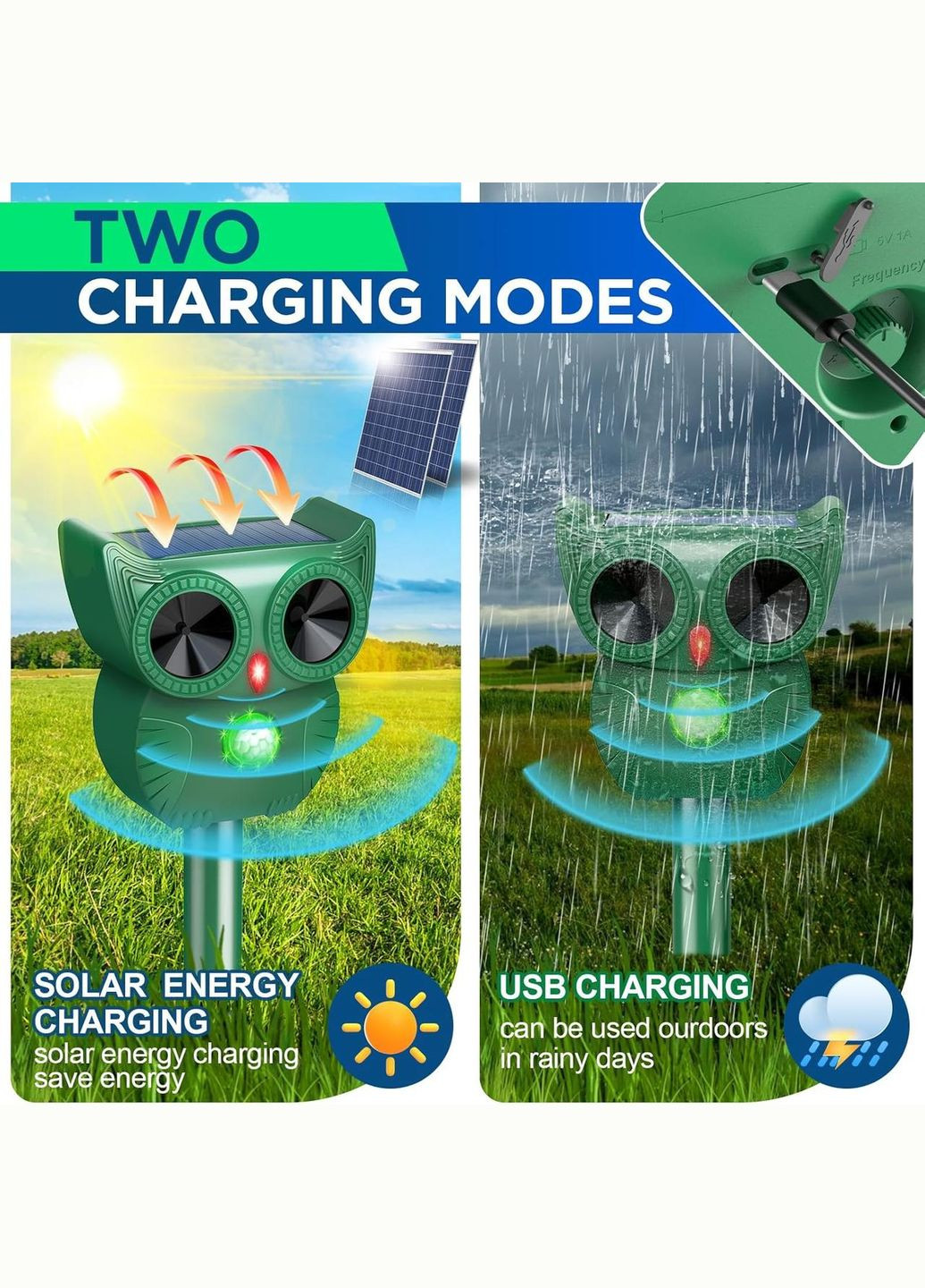 Ультразвуковой отпугиватель животных для сада 5 режимов Зеленый No Brand (317405787)