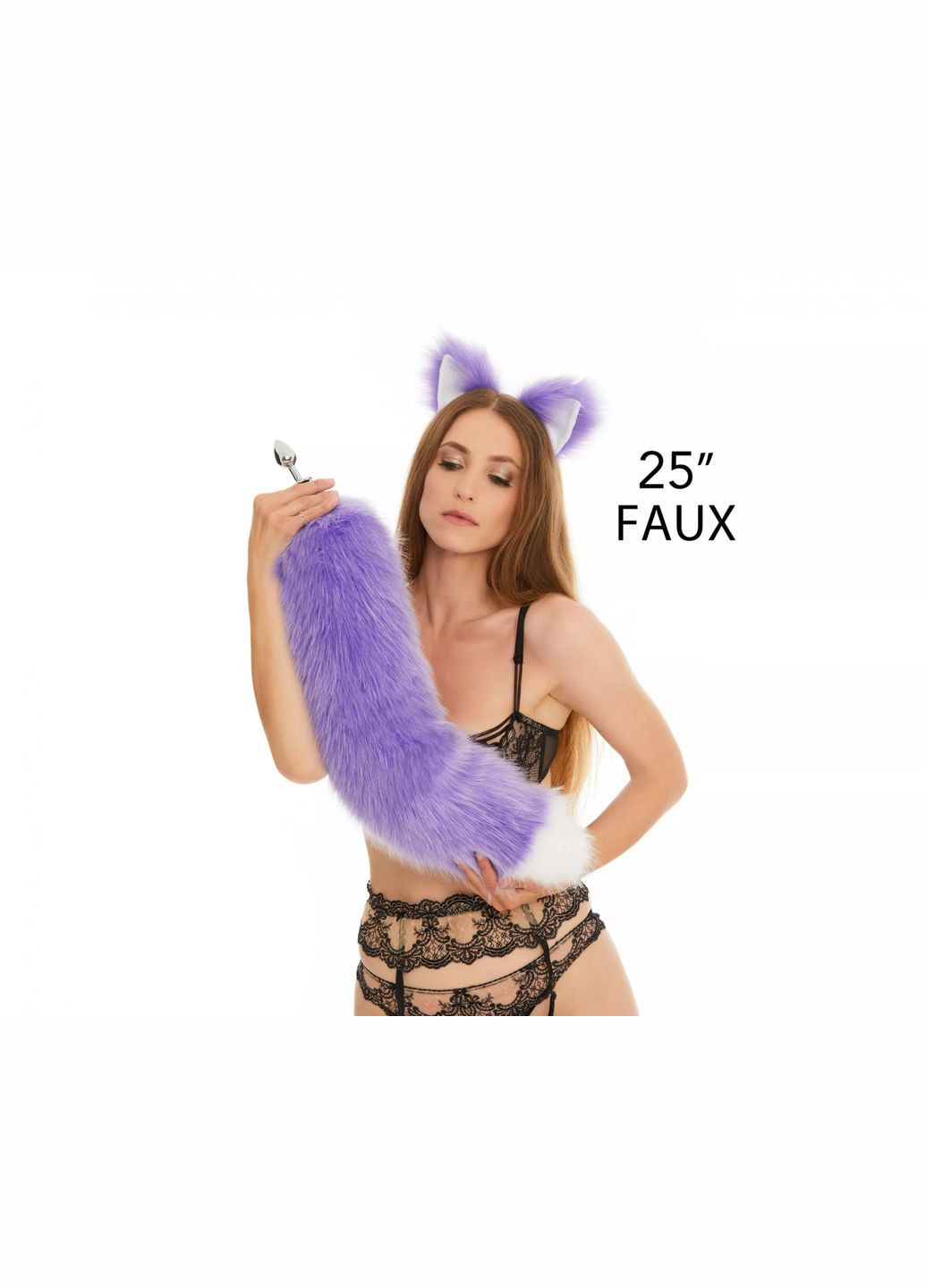 Анальний хутряний пухнастий хвіст без пробки, Фіолетовий з білим кінчиком, 60 см. OKOVA (315149279)