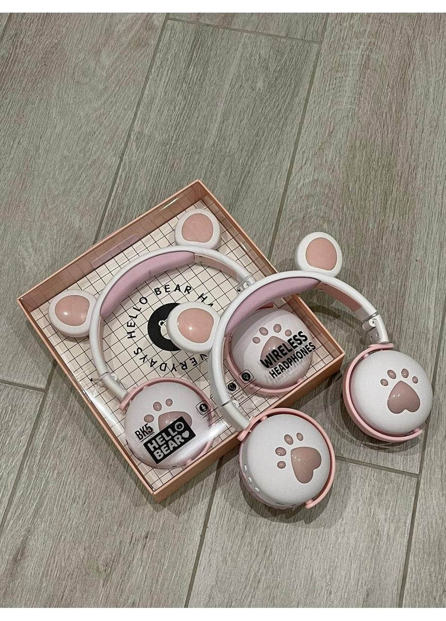 Бездротові дитячі навушники з мікрофоном ВК5 вушками ведмедика і LED підсвічуванням подарункові(Біла пудра) Atd (349824260)