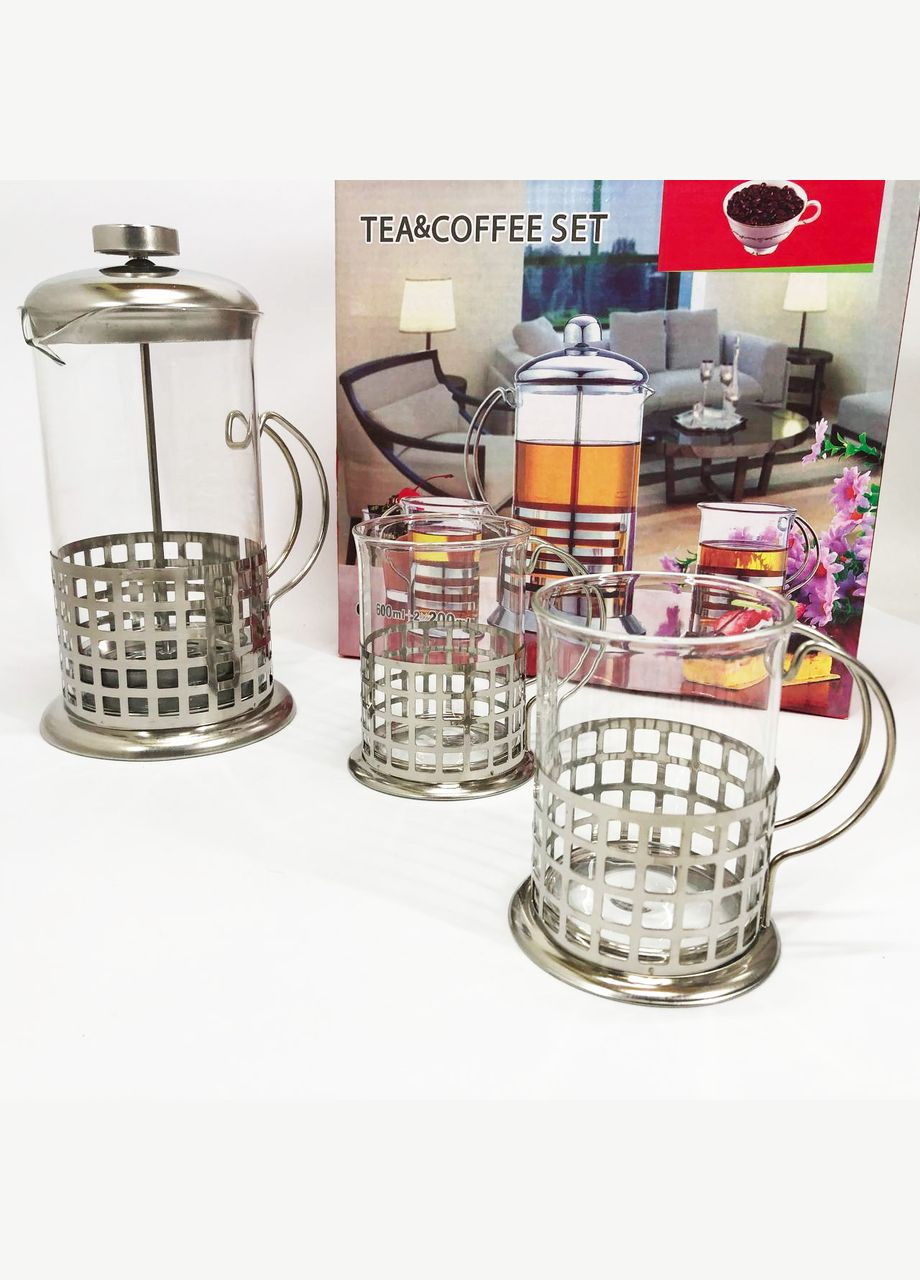 Пресс заварник из жаропрочного боросиликатного стекла UN-1155 0.6 л + 2 чашки Френч-пресс для кофе Unique (364663709)