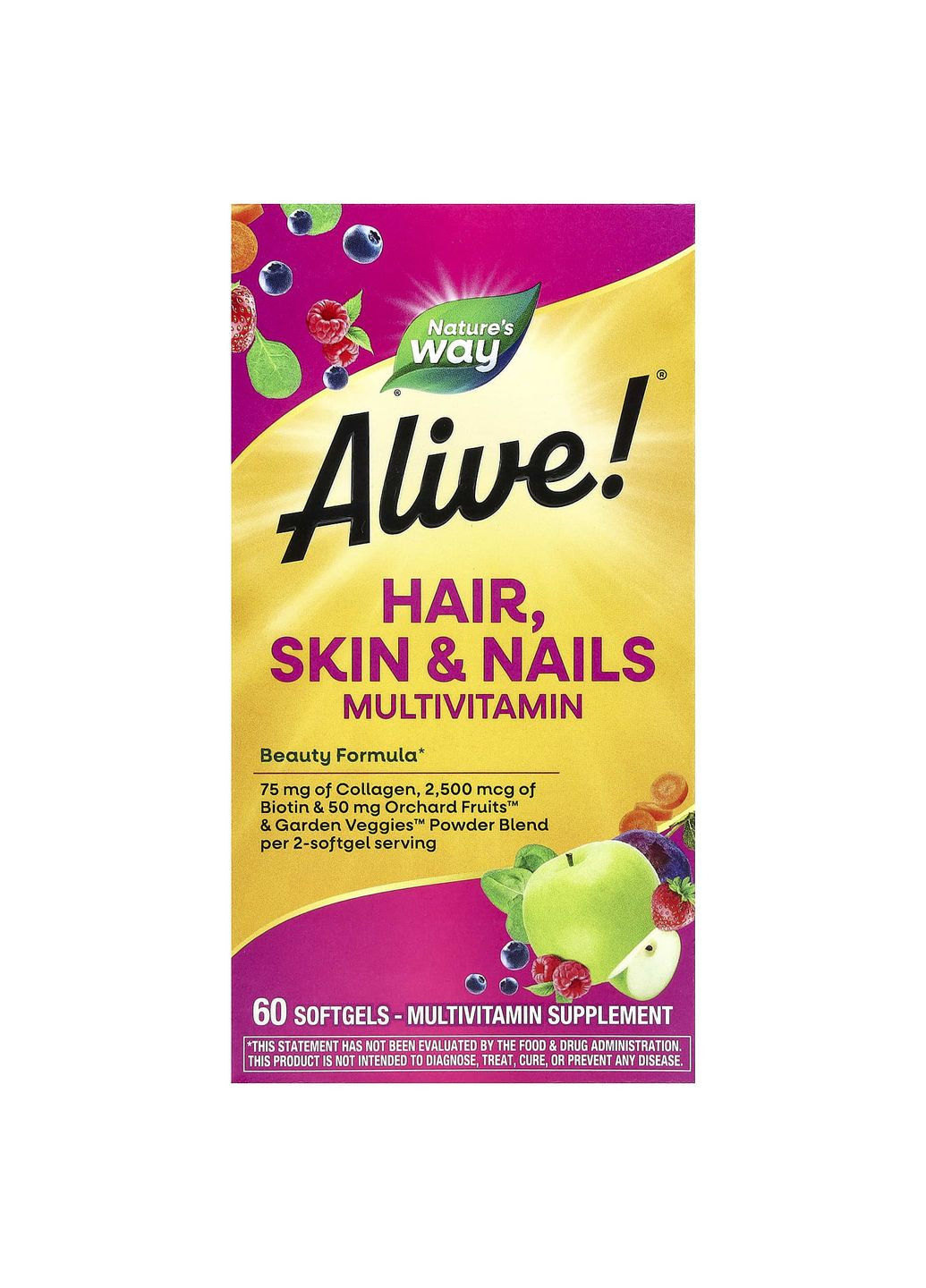 Мультивитамины для волос, кожи и ногтей, Hair, Skin & Nails Multi-Vitamin,, Alive!, 60 гелевых капсул Nature's Way (362372838)