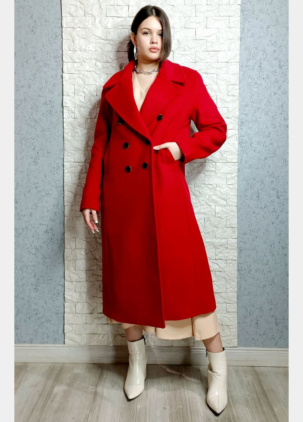Красное зимнее Пальто двубортное H&M